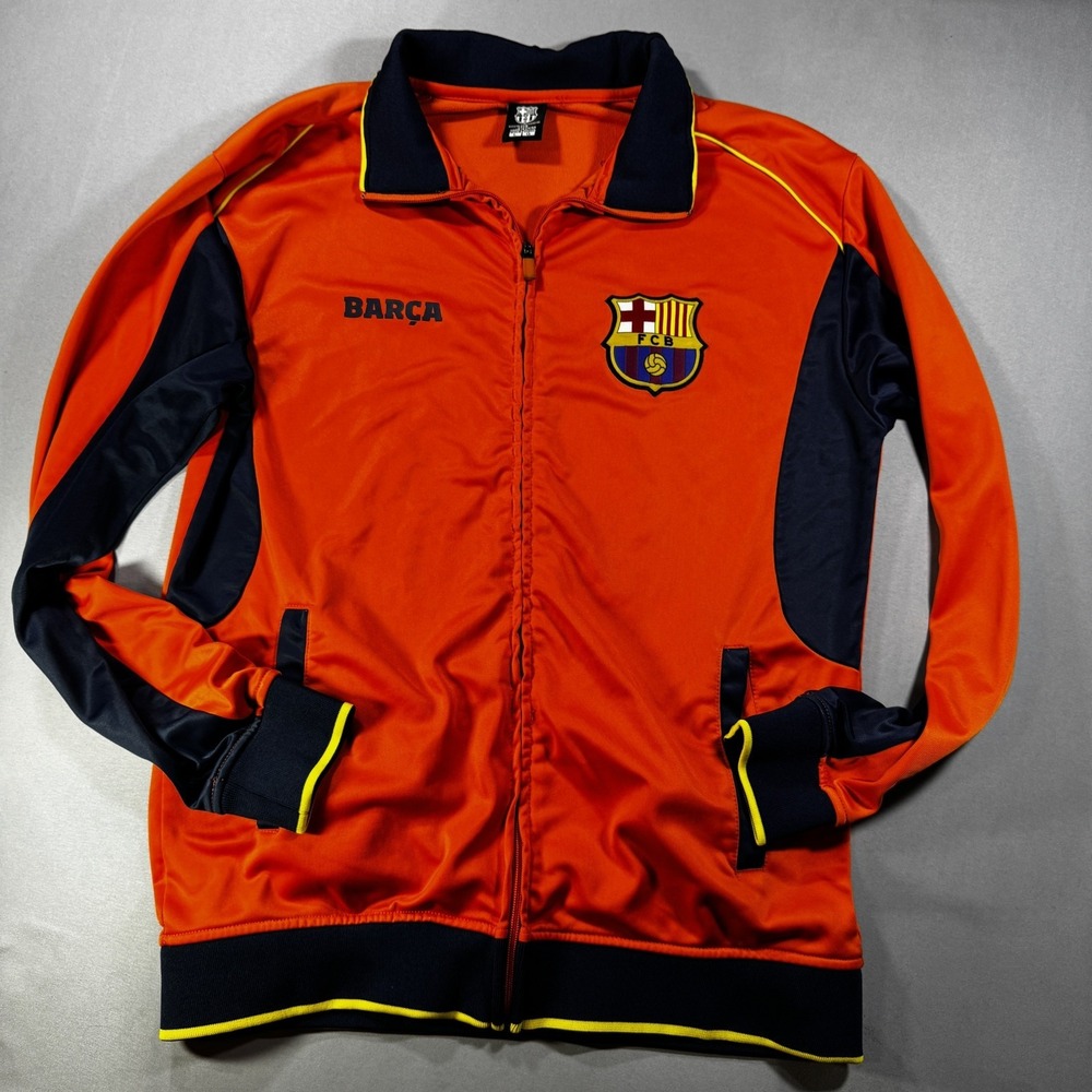 FC Barcelona Men's Track Jacket Large Orange Navy Full Zip Micro-Fleece Lined